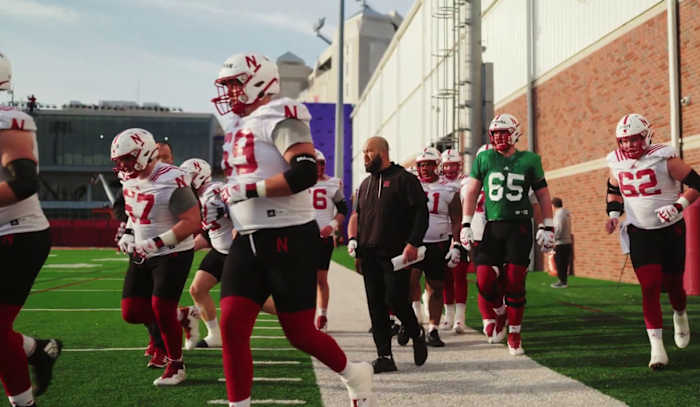 Donovan Raiola with offensive line 2023 spring practice Nebraska football